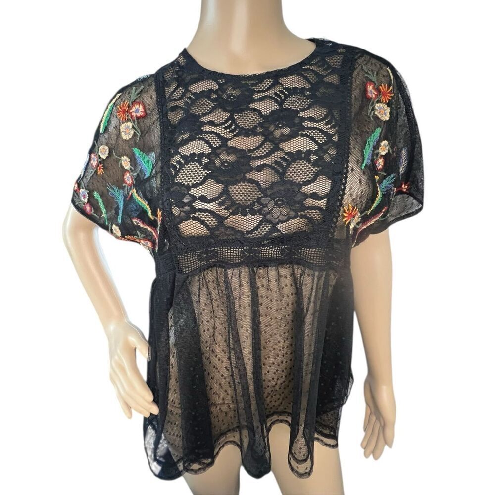 NWT ZARA Floral Embroidered Lace Sheer Short Sleeve Blouse